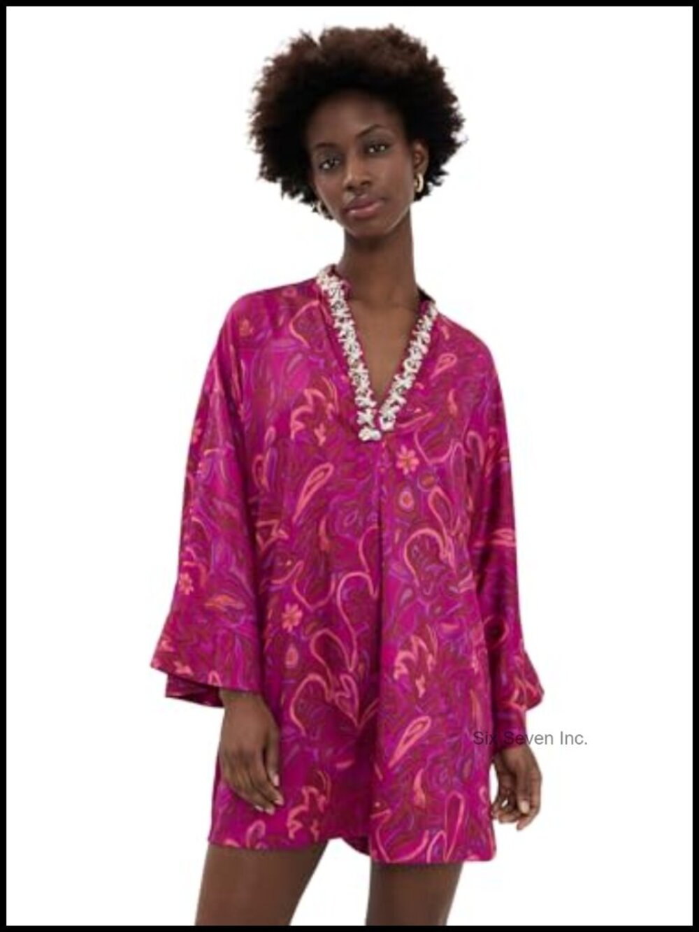 Paisley Floral Kaftan Dress V-Neck 3/4 Sleeve Embellished